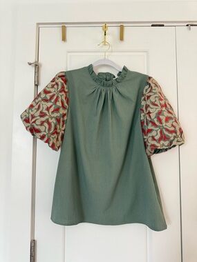 entro Sage Green Textured Top with Ruffled Neckline